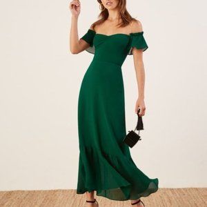 Reformation butterfly dress in Emerald Green